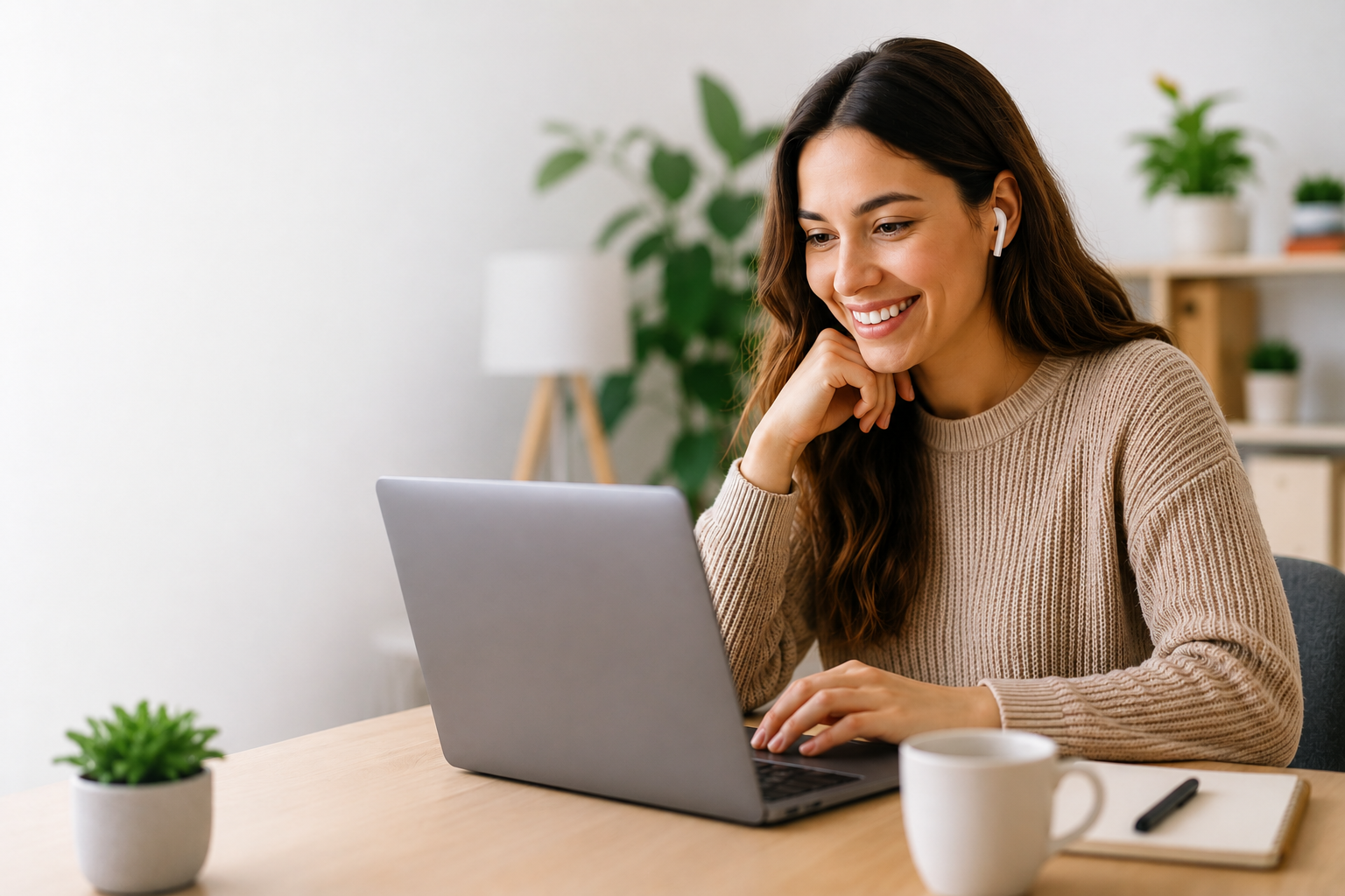 Mujer trabajando desde casa por chat con ordenador